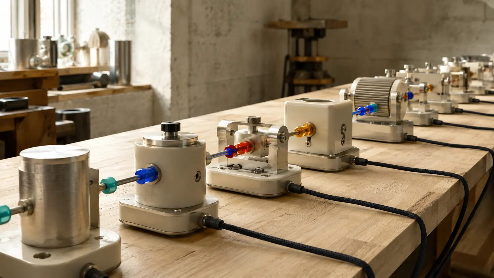 A tactile chain of connected workflow modules with coloured signals
