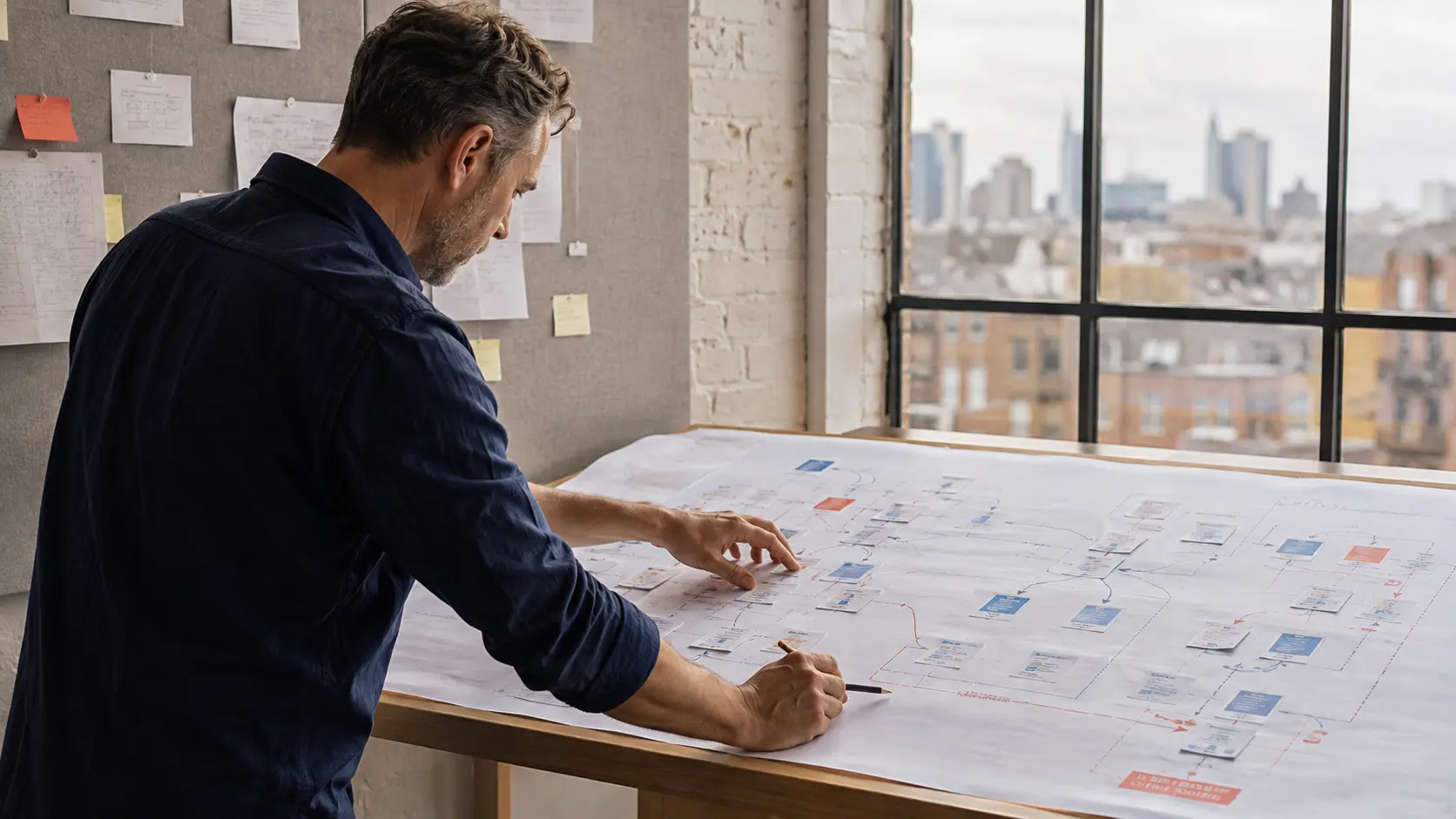 A consultant reviewing a printed process map beside a bright studio window