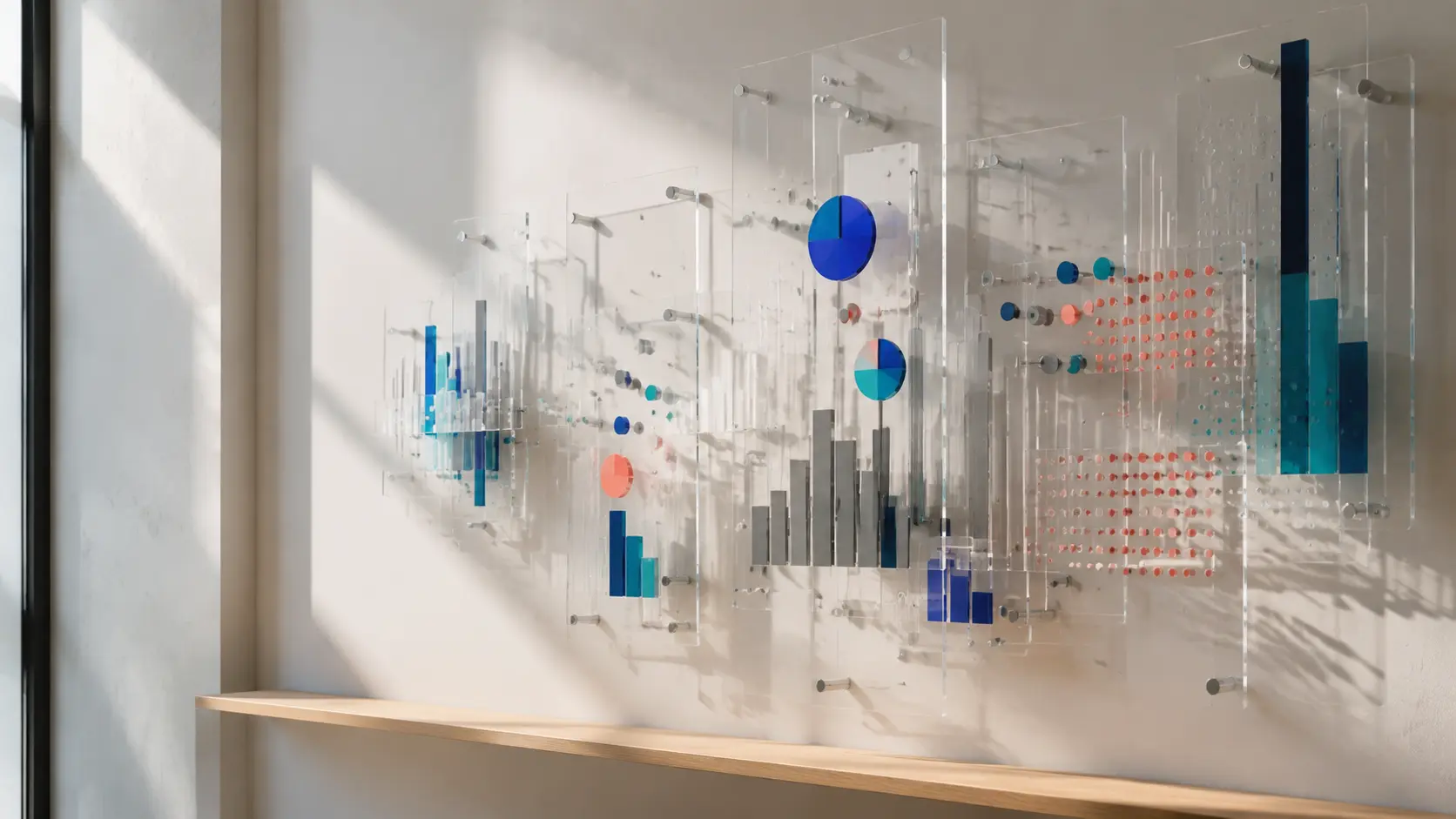 A sculptural physical data wall made from transparent chart layers