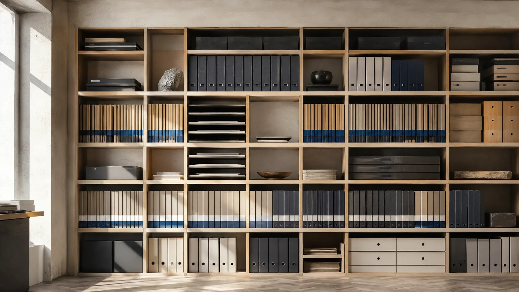 A carefully organised architectural archive of folders and document trays