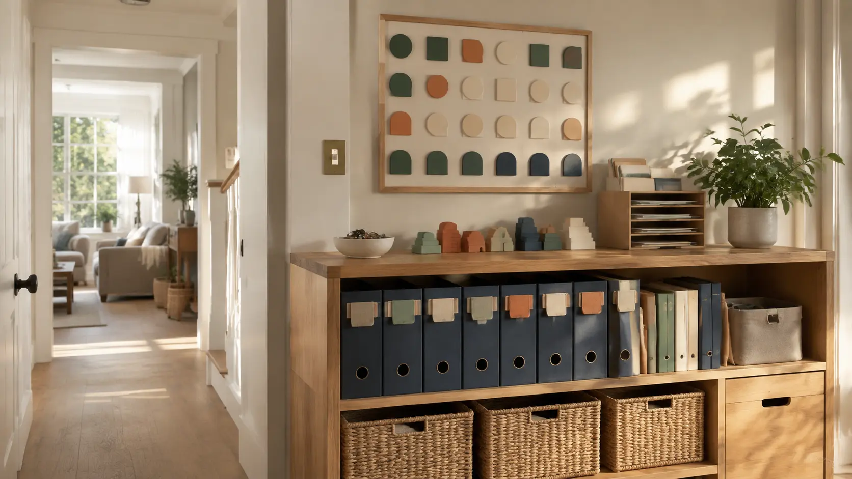 A calm modern home with an organised household management shelf